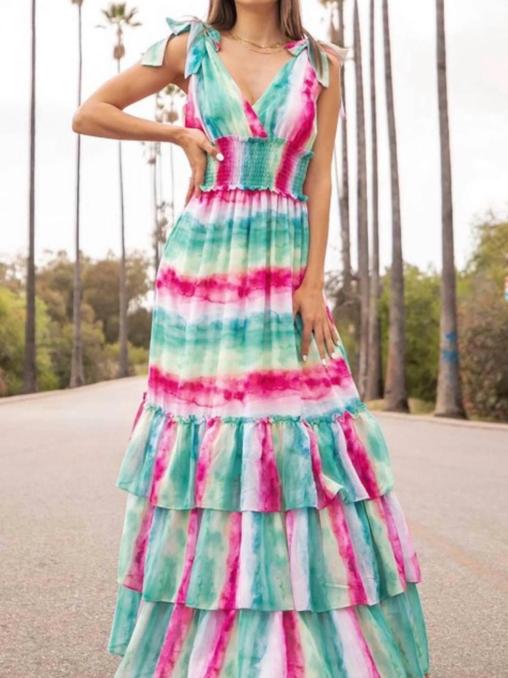 NWT Smocked Tie-Shoulder Maxi Dress in Pink & Teal